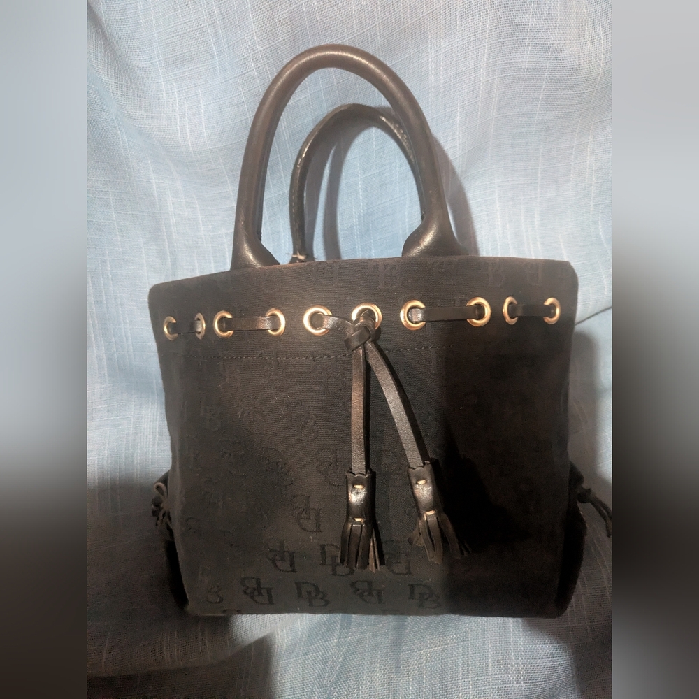 Vintage Black Dooney & Bourke DB Canvas Monogram Tassel Tote